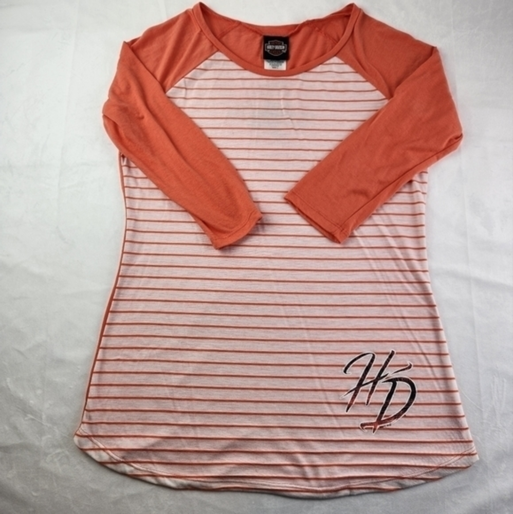 Harley Davidson Womens Size Large 3/4 Sleeve Melon and White Striped El Paso, Tx